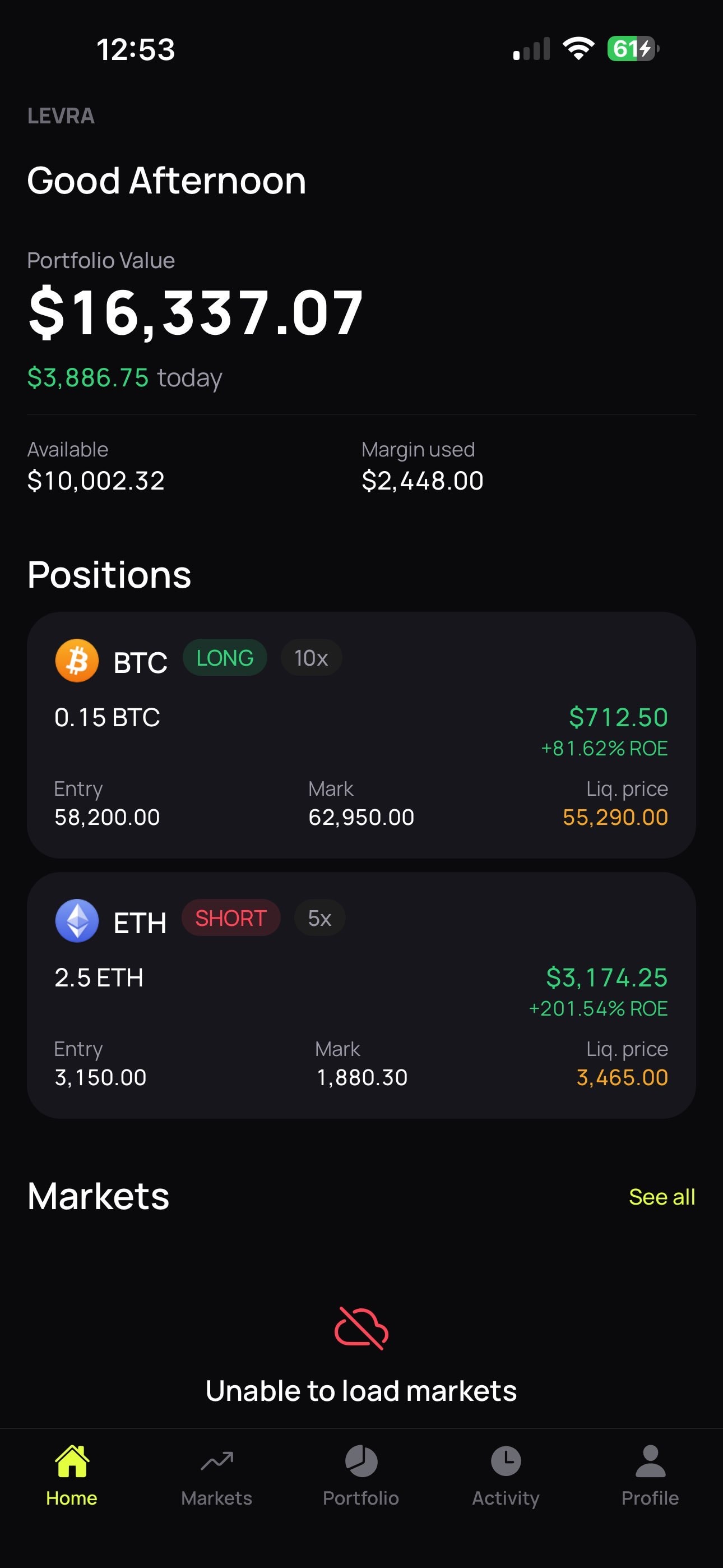 Levra home screen showing live portfolio value and open BTC and ETH positions