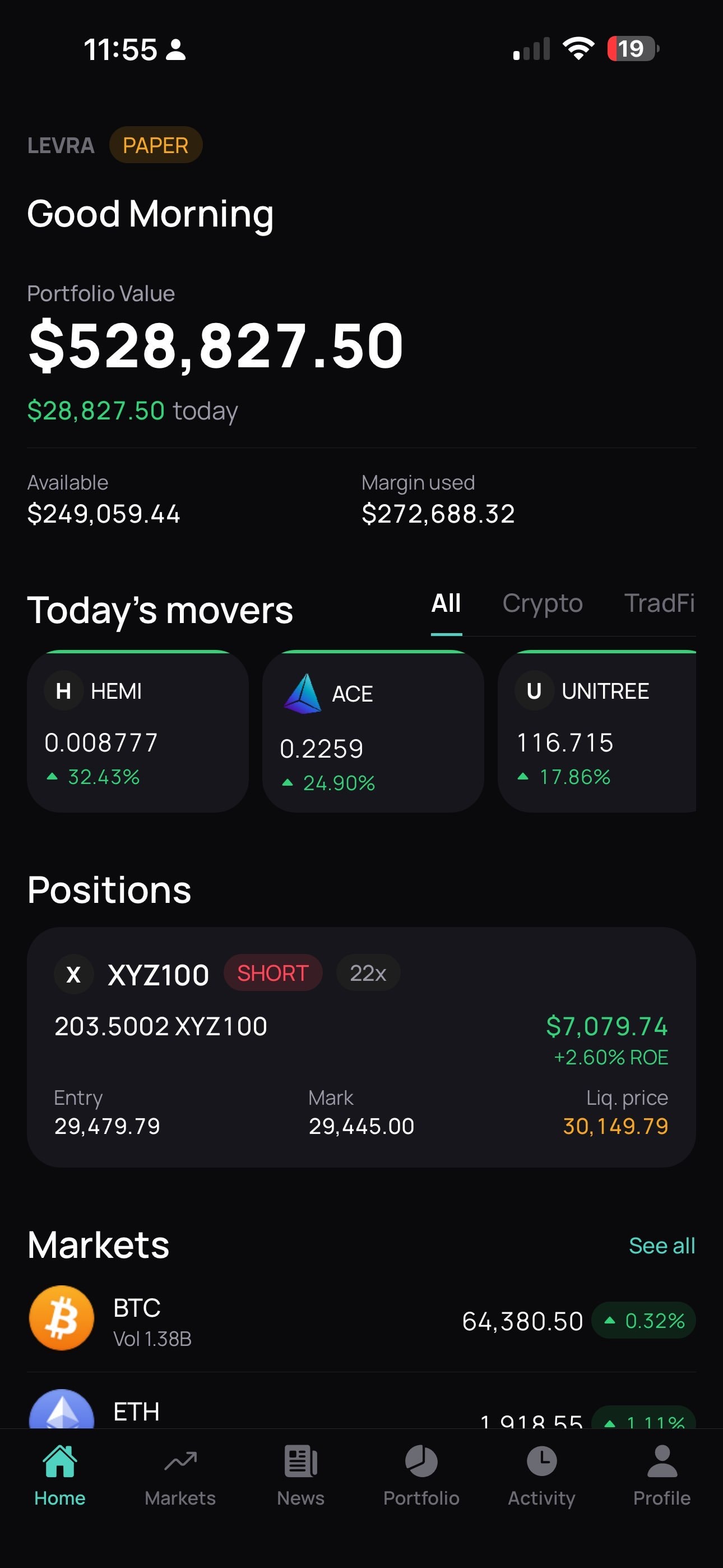Levra home screen in paper trading mode, showing a practice portfolio balance and open position